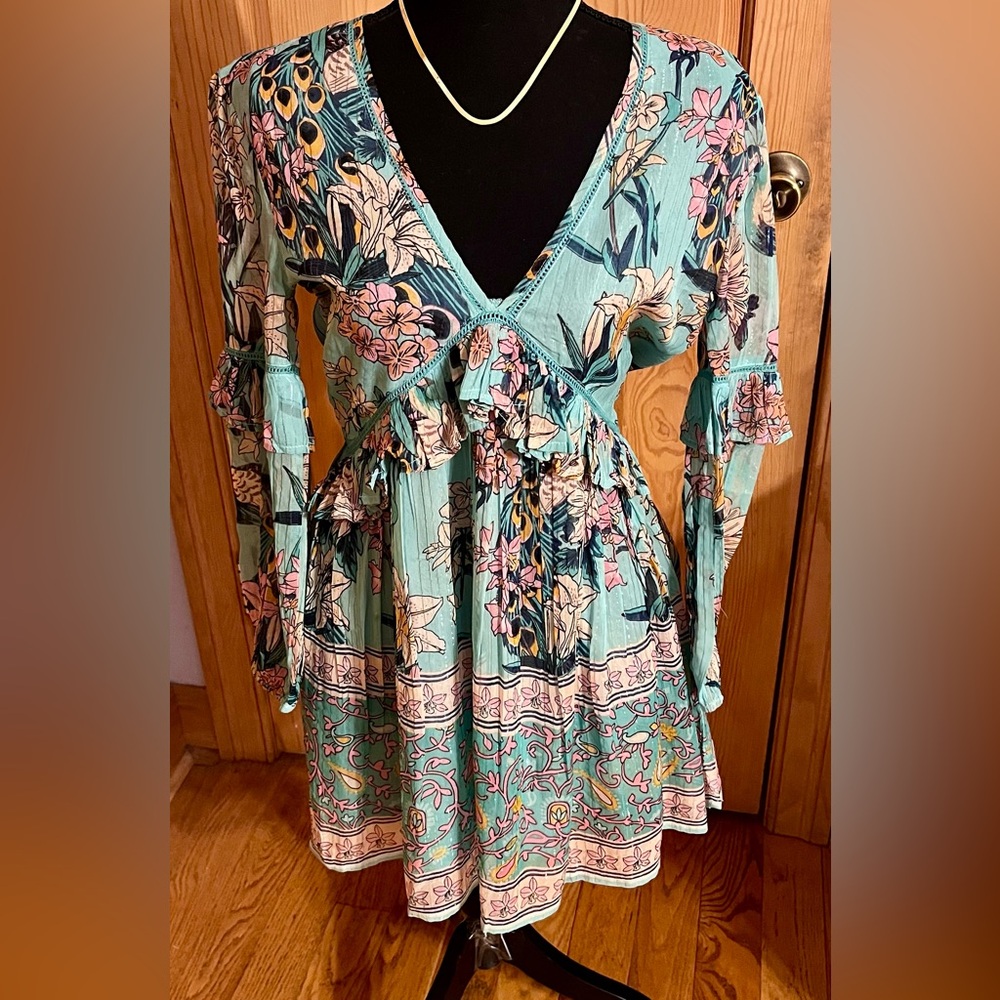 NWT Raga Botanic Enchantment Metallic Turquoise Floral Open Back Mini Dress XS